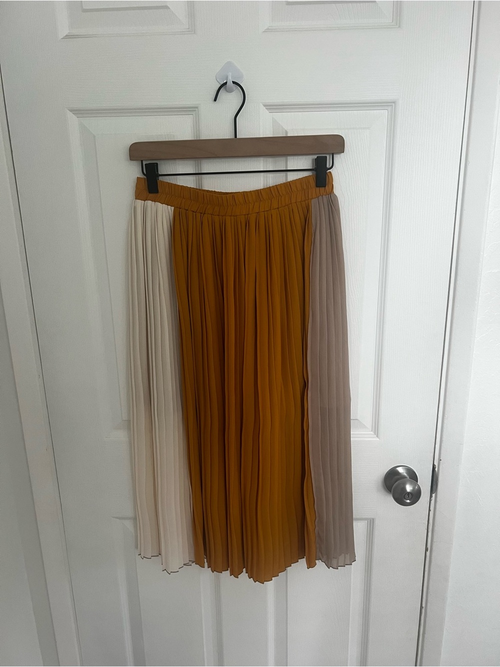 Colorblock Pleated Midi Skirt - Mustard, Cream & Taupe